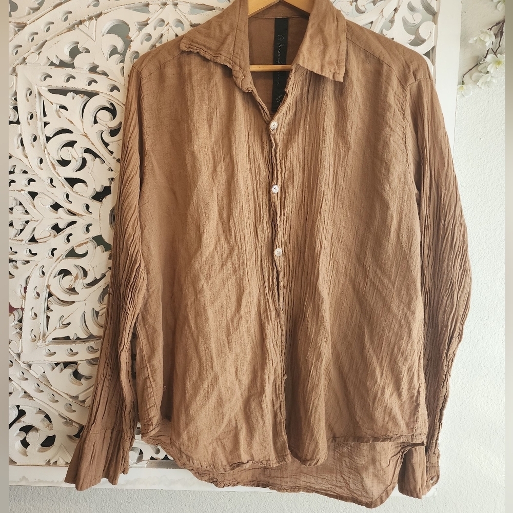 Q HOUSEBOF BASICS BROWN GAZE BLOUSE ORGANIC FRONT BUTTON UNISEX SMALL - Picture 6 of 13